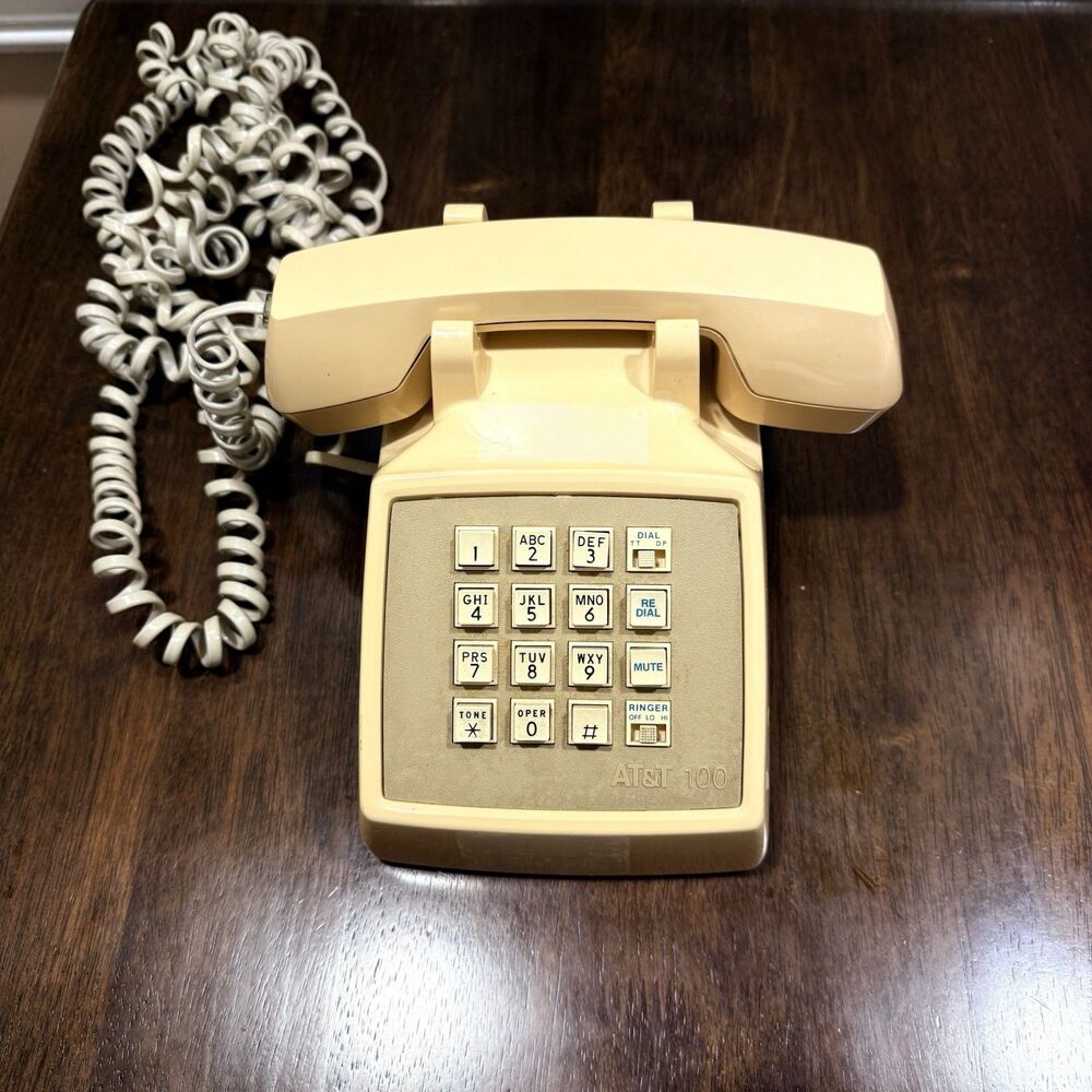 Vtg AT&T 100 Beige Traditional Push Button Corded Landline Desk Phone-WORKS!